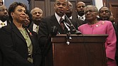 Rep. Barbara Lee, D-Calif., the Rev. Calvin Butts, and Rep. Alcee Hastings, D-Fla., are joined at podium by other church and community leaders from New York, in March 2010 on Capitol Hill. Rev. Butts welcomed generations of worshippers as well as politicial leaders from across the world at Harlem’s landmark Abyssinian Baptist Church.