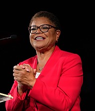 Karen Bass, seen here on November 8, has made history as Los Angeles' first female mayor.
Mandatory Credit:	Jae C. Hong/AP
