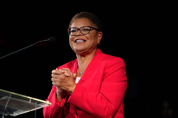 Karen Bass, seen here on November 8, has made history as Los Angeles' first female mayor.
Mandatory Credit:	Jae C. Hong/AP