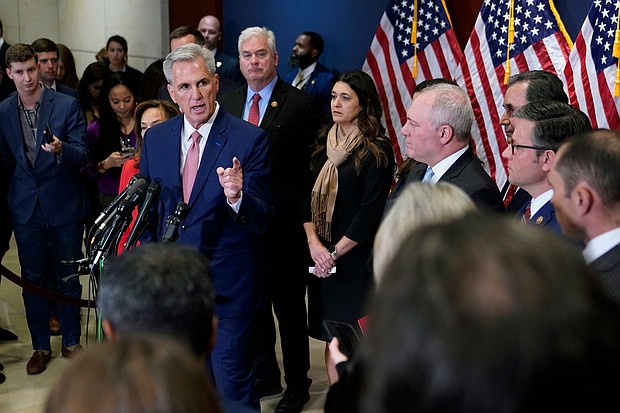 House Minority Leader Kevin McCarthy of California speaks with members of the press on November 15 on Capitol Hill in Washington. Winning the House majority will give Republicans some newfound power to set the agenda when they take over the chamber in January.
Mandatory Credit:	Patrick Semansky/AP