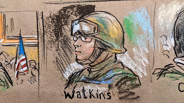In a raw testimony on November 16, Jessica Watkins, a member of the Oath Keepers on trial for seditious conspiracy, recounted being dragged into the conspiratorial underbelly of the internet.
Mandatory Credit:	Sketch by Bill Hennessy