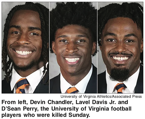 The three University of Virginia football players killed in an on-campus shooting on Sunday were remembered by their head coach ...