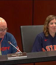 Southeastern Pennsylvania Transportation Authority (SEPTA) Chair Pasquale Deon Sr. and General Manager Leslie Richards wear Astros jerseys after losing World Series wager with METRO.