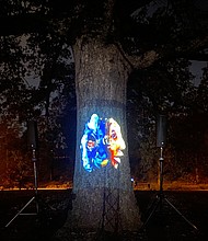 Among the exhibits was Eric Millikin’s “Cyborgs for Rebellion, 2022.” Composed of artificial intelligence, 3D modeling, animation, audio and video projection, the work is “an infinitely rotating series of poetry reading, three dimensional portraits projected onto trees of Joseph Bryan Park, where participants in Gabriel’s Rebellion gathered 222 years ago.”