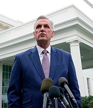 House Minority Leader Kevin McCarthy of California speaks with reporters at the White House in Washington, on November 29 about his meeting with President Joe Biden.
Mandatory Credit:	Susan Walsh/AP