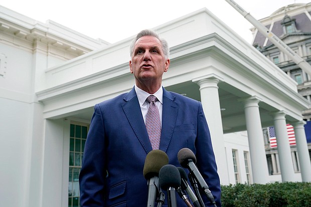 House Minority Leader Kevin McCarthy of California speaks with reporters at the White House in Washington, on November 29 about his meeting with President Joe Biden.
Mandatory Credit:	Susan Walsh/AP