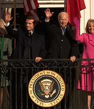 The Macrons' trip to the White House marks their second time as the guests of honor for a state visit.
Mandatory Credit:	POOL