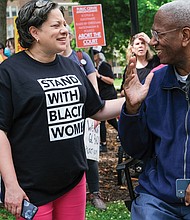 Virginia Sen. Jennifer McClellan and Congressman A. Donald McEachin joined about 3,000 people during a May 14 rally in support of abortion access in Monroe Park.