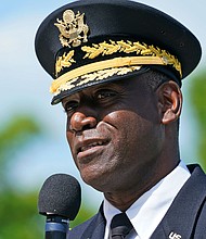 An alumni group of the Virginia Military Institute is publicly questioning why the college's first Black superintendent was awarded a more "generous" bonus than last year. Virginia Military Institute Superintendent Cedric T. Wins is seen here in Lexington, Virginia, in 2021.
Mandatory Credit:	Steve Helber/AP