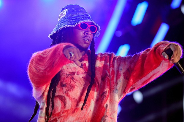 One man has been arrested and charged with murder in connection to the killing of rapper Takeoff, Houston Police Department Chief Troy Finner announced at a news conference on December 2. Takeoff is pictured here in 2021 in Los Angeles.
Mandatory Credit:	Rich Fury/Getty Images North America/Getty Images for Global Citizen