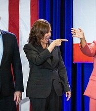 Vice President Kamala Harris (middle) and second gentleman Doug Emhoff (left) join Karen Bass as she campaigns at UCLA in Los Angeles on November 7.
Mandatory Credit:	Sarah Reingewirtz/MediaNews Group/Los Angeles Daily News/Getty Images