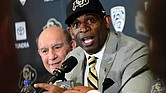 Deion Sanders speaks after being introduced Sunday as the new head football coach at the University of Colorado during a news conference.