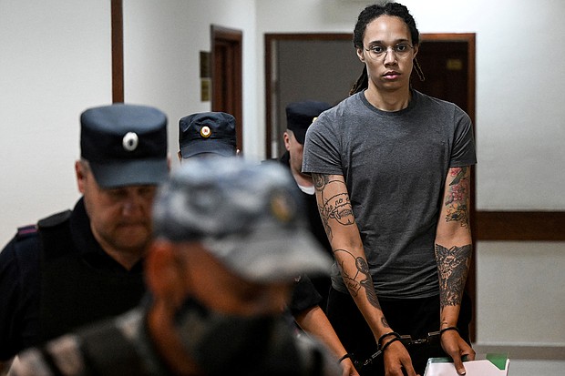 WNBA star Brittney Griner, here escorted in a court building in Khimki outside Moscow, on August 4, has been released from Russian detention.
Mandatory Credit:	Kirill Kudryavtsev/Reuters