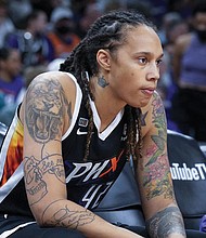 Phoenix Mercury center Brittney Griner on the bench during the first half of Game 2 of basketball’s WNBA Finals in October 2021 against the Chicago Sky in Phoenix. Russia freed WNBA star Griner in a dramatic high-level prisoner exchange, with the U.S. releasing notorious Russian arms dealer Viktor Bout.