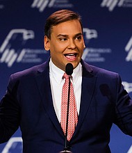 US Rep.-elect George Santos speaks at the Republican Jewish Coalition Annual Leadership Meeting in Las Vegas on November 19.
Mandatory Credit:	Wade Vandervort/AFP/Getty Images