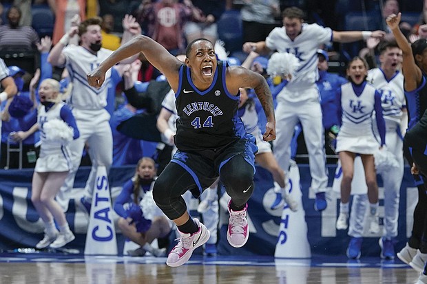 Kentucky’s Dre’una Edwards (44) celebrates after making the winning shot to beat South Carolina in the NCAA women’s college basketball Southeastern Conference tournament championship game Sunday, March 6, in Nashville, Tenn. Kentucky won 64-62.