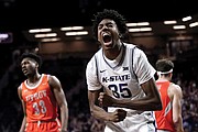 Kansas State forward Nae’Qwan Tomlin (35) celebrates after making a basket during the first half of an NCAA college basketball game against Texas-Rio Grande Valley on Monday, Nov. 7, in Manhattan, Kan.