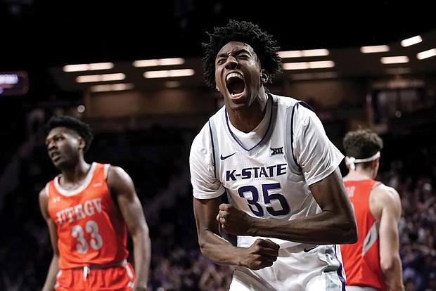 Kansas State forward Nae’Qwan Tomlin (35) celebrates after making a basket during the first half of an NCAA college basketball game against Texas-Rio Grande Valley on Monday, Nov. 7, in Manhattan, Kan.