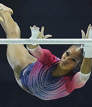 Shilese Jones of the U.S. competes on the uneven bars during the Women’s All-Around Final at
the Men’s Team Final during the Artistic Gymnastics World Championships at M&S Bank Arena in Liverpool, England, on Thursday Nov. 3.