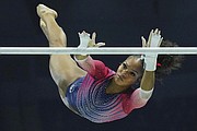 Shilese Jones of the U.S. competes on the uneven bars during the Women’s All-Around Final at
the Men’s Team Final during the Artistic Gymnastics World Championships at M&S Bank Arena in Liverpool, England, on Thursday Nov. 3.