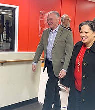 Virginia state Sen. Jennifer McClellan, right, and U.S. Sen. Tim Kaine are shown after voting Tuesday in a “firehouse” primary for the 4th Congressional District at Diversity Richmond. Sen. McClellan hopes to succeed the late Rep. A. Donald McEachin, who was re-elected to the seat last month, but died 20 days later. The winner of Tueday’s election would be almost guaranteed to win the special election set for Tuesday, Feb. 21, 2023, given that the district that includes Eastern Henrico County and Richmond — and stretches through Petersburg into Southside Virginia — is rated solidly Democratic. If elected, Sen. McClellan will be the first Black woman sent from Virginia to Congress.