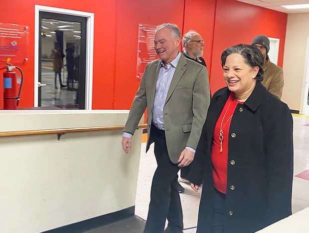 Virginia state Sen. Jennifer McClellan, right, and U.S. Sen. Tim Kaine are shown after voting Tuesday in a “firehouse” primary for the 4th Congressional District at Diversity Richmond. Sen. McClellan hopes to succeed the late Rep. A. Donald McEachin, who was re-elected to the seat last month, but died 20 days later. The winner of Tueday’s election would be almost guaranteed to win the special election set for Tuesday, Feb. 21, 2023, given that the district that includes Eastern Henrico County and Richmond — and stretches through Petersburg into Southside Virginia — is rated solidly Democratic. If elected, Sen. McClellan will be the first Black woman sent from Virginia to Congress.