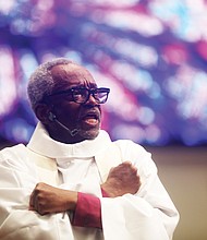 The Presiding Bishop of the Episcopal Church nationwide, Michael Curry preaches the sermon before more than 35 bishops from around the United States, England, Tanzania, and Ghana during the Dec. 3 ordination and consecration of The Rev. Canon E. Mark Stevenson, the 14th Bishop of the Diocese of Virginia in its 237-year history, at The Saint Paul’s Baptist Church in Henrico.
