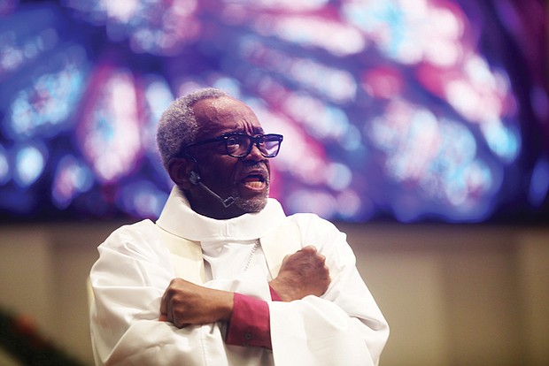 The Presiding Bishop of the Episcopal Church nationwide, Michael Curry preaches the sermon before more than 35 bishops from around the United States, England, Tanzania, and Ghana during the Dec. 3 ordination and consecration of The Rev. Canon E. Mark Stevenson, the 14th Bishop of the Diocese of Virginia in its 237-year history, at The Saint Paul’s Baptist Church in Henrico.