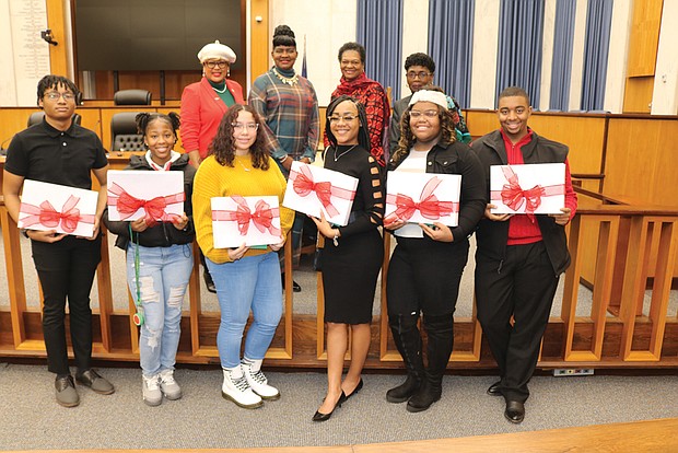 First row, from left, Kai Harris-Coles, Monicia Anderson, Asia Angaroo, Andrea Bailey, Kietana Buster and Carter Guishard. Second row, from left, Richmond School Board Chair Shonda Harris-Mohammed, 2nd District School Board Member Mariah White, Delegate Delores L. McQuinn, Virginia House of Delegates, 70th District, and Richmond City Council President Cynthia I. Newbille.