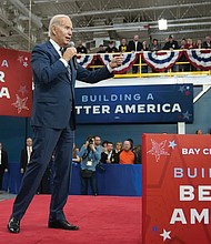 President Biden speaks about manufacturing jobs and the economy Nov. 29 at SK Siltron CSS, a computer chip factory in Bay City, Mich.