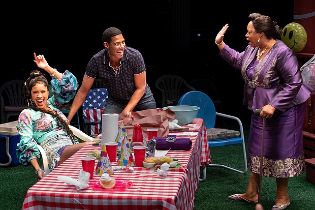 From left: Nikki Crawford, Billy Eugene Jones and Benja Kay Thomas perform in "Fat Ham" at the Public Theater, off-Broadway, in May 2022.
Mandatory Credit:	Sara Krulwich/The New York Times/Redux