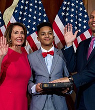 House Speaker Nancy Pelosi administers the House oath of office to Rep. Hakeem Jeffries, during a ceremonial swearing-in on Capitol Hill in Washington in January 2019.
Mandatory Credit:	Jose Luis Magana/AP