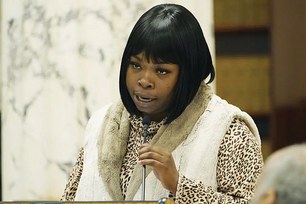 Brandy Nichols, a single mother of four children age 8 and younger, speaks to members of the Mississippi House and Senate Democratic Caucuses, about the difficulty of obtaining Temporary Assistance for Needy Families (TANF) funds in Mississippi, Oct. 18, 2022, in Jackson. Funds from the program designed to help low-income families with children achieve economic self-sufficiency, were misspent and lawmakers are seeking to gain a better understanding of the welfare scandal.