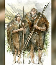 An artist's impression of Stone Age humans wearing cave bear skins for protection from the cold.
Mandatory Credit:	Benoît Clarys