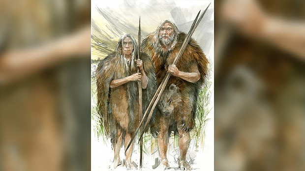 An artist's impression of Stone Age humans wearing cave bear skins for protection from the cold.
Mandatory Credit:	Benoît Clarys
