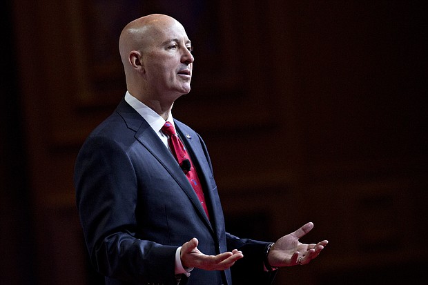 Pete Ricketts, here in 2018 in Maryland, will hold the Senate seat vacated by Republican Ben Sasse's resignation until a special election in 2024.
Mandatory Credit:	Andrew Harrer/Bloomberg/Getty Images