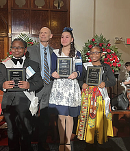 Left to right: Xavier Holmes Jr. (Third runner up) Windsor Elementary, Claude Treece with the Foley Law Firm, Kandence Smith (first place), Law Elementary, Journey Sensley (Second Place) Young Elementary .
Ashley Brown / Houston Public Media