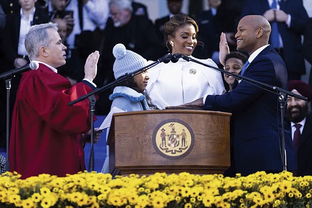Wes Moore is sworn in as the 63rd governor of the state of Maryland by the state’s Supreme Court Chief Justice Matthew Fader on Jan. 18 in Annapolis, Md.