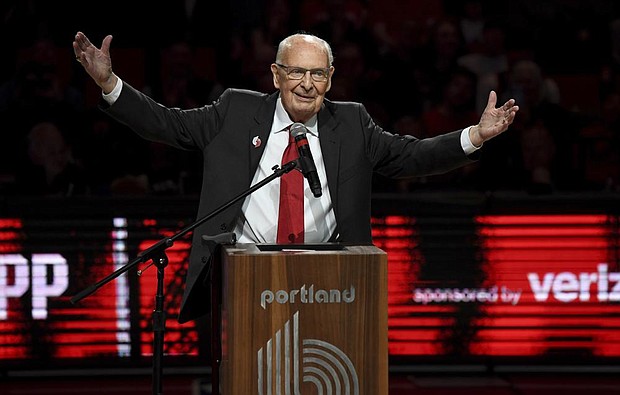 Bill Schonely, the longtime Portland Trail Blazers broadcaster who coined the phrase “Rip City” died on Saturday, Jan. 21, 2023. He was 93. (AP Photo/Steve Dykes)
