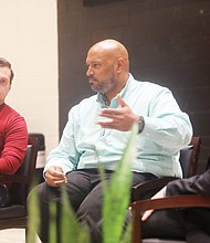D.C. Metropolitan Police Officer Danny Hodges, left, and U.S. Capitol Police Officer Harry Dunn, center, shared their very personal and often horrific experiences from Jan. 6, 2021, during a free symposium on Jan. 19 at Virginia Commonwealth University’s The Commons Theater.