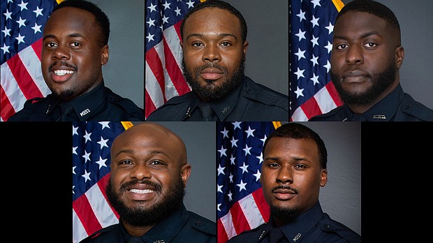 The Memphis Police Department has terminated five police officers in connection with the death of Tyre Nichols.  Top: Tadarrius Bean, Demetrius Haley, Emmitt Martin III.  Bottom:  Desmond Mills, Jr., Justin Smith
Mandatory Credit:	Memphis Police Dept.