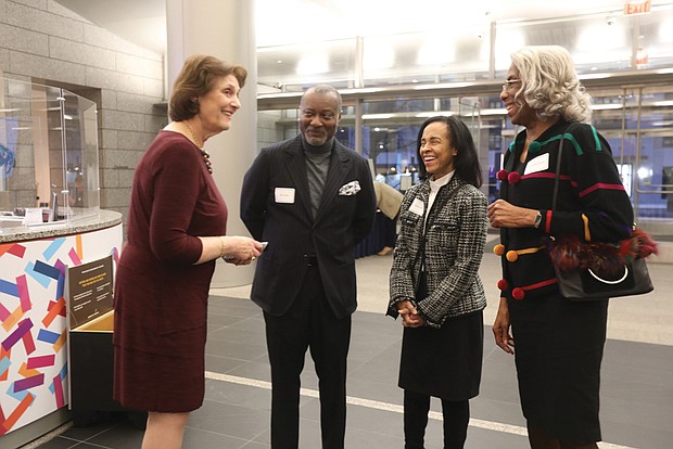 Librarian of Virginia, Dr. Sandra Treadway, left, chats with B.K. Fulton, a Library of Virginia Foundation board member, his wife, Attorney Jackie Stone and Bessida Cauthorne White, an attorney and genealogist who lives in Middlesex County.