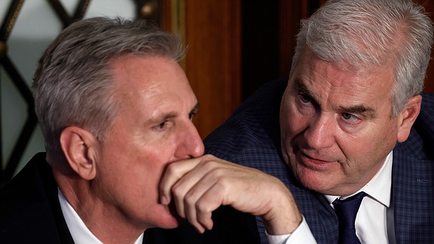Inside Tom Emmer's effort to keep the GOP's razor-thin majority in line. House Republican Leader Kevin McCarthy is pictured talking to Emmer in the House Chamber during the second day of elections for speaker of the House on January 4.
Mandatory Credit:	Anna Moneymaker/Getty Images
