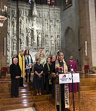 Traci Blackmon speaks during a news conference on Thursday, Jan. 19, 2023, at Christ Church Cathedral in St. Louis. A group of religious leaders who support abortion rights has filed a lawsuit challenging Missouri’s law that bans abortions in nearly all cases, saying lawmakers openly invoked their religious beliefs while drafting the measure and thereby imposed those beliefs on others who don’t share them. (AP Photo/Jim Salter)