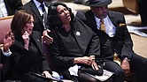 Vice President Kamala Harris sits with RowVaughn Wells and Rodney Wells during the funeral service for Wells’ son, Tyre Nichols, at Mississippi Boulevard Christian Church in Memphis, Tenn., on Wednesday.