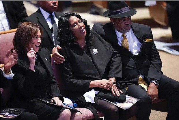 Vice President Kamala Harris sits with RowVaughn Wells and Rodney Wells during the funeral service for Wells’ son, Tyre Nichols, at Mississippi Boulevard Christian Church in Memphis, Tenn., on Wednesday.