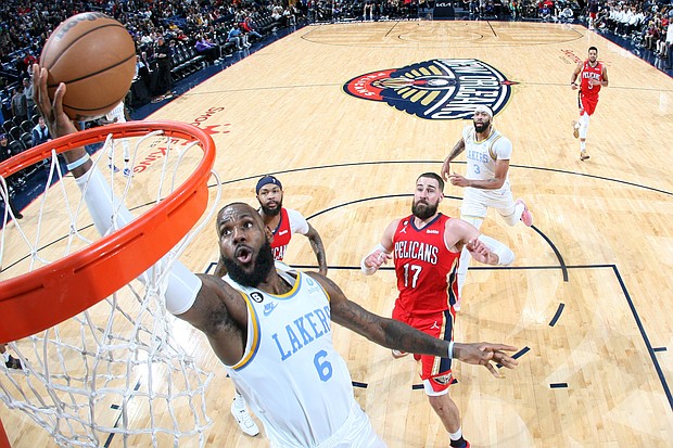 James goes to the basket against the New Orleans Pelicans.
Mandatory Credit:	Layne Murdoch Jr./NBAE/Getty Images