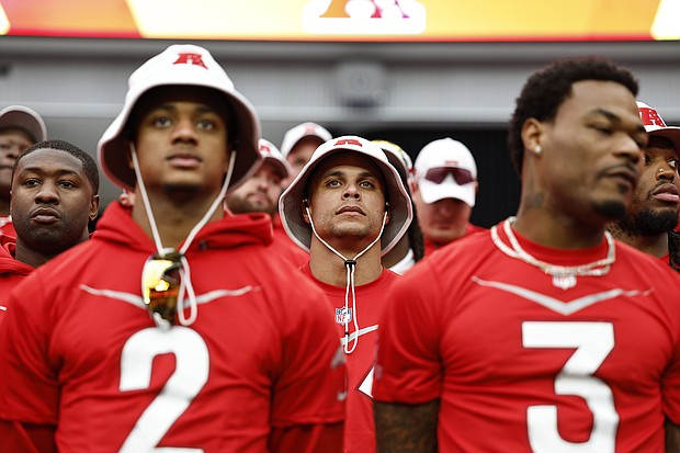 AFC strong safety Jordan Poyer of the Buffalo Bills looks on during a group portrait prior to an NFL Pro Bowl football game at Allegiant Stadium on February 04, in Las Vegas, Nevada.
Mandatory Credit:	Michael Owens/Getty Images