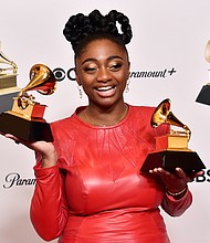 Samara Joy poses wither her trophies at the Grammys on Feb. 5.
Mandatory Credit:	Alberto E. Rodriguez/Getty Images for The Recording Academy
