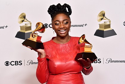 Samara Joy poses wither her trophies at the Grammys on Feb. 5.
Mandatory Credit:	Alberto E. Rodriguez/Getty Images for The Recording Academy